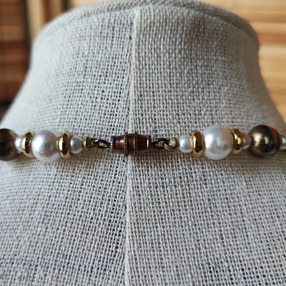 Faux Pearl Cocoa Brown Long Vintage Necklace Gold Tone Barrel Clasp - Picture 3 of 10